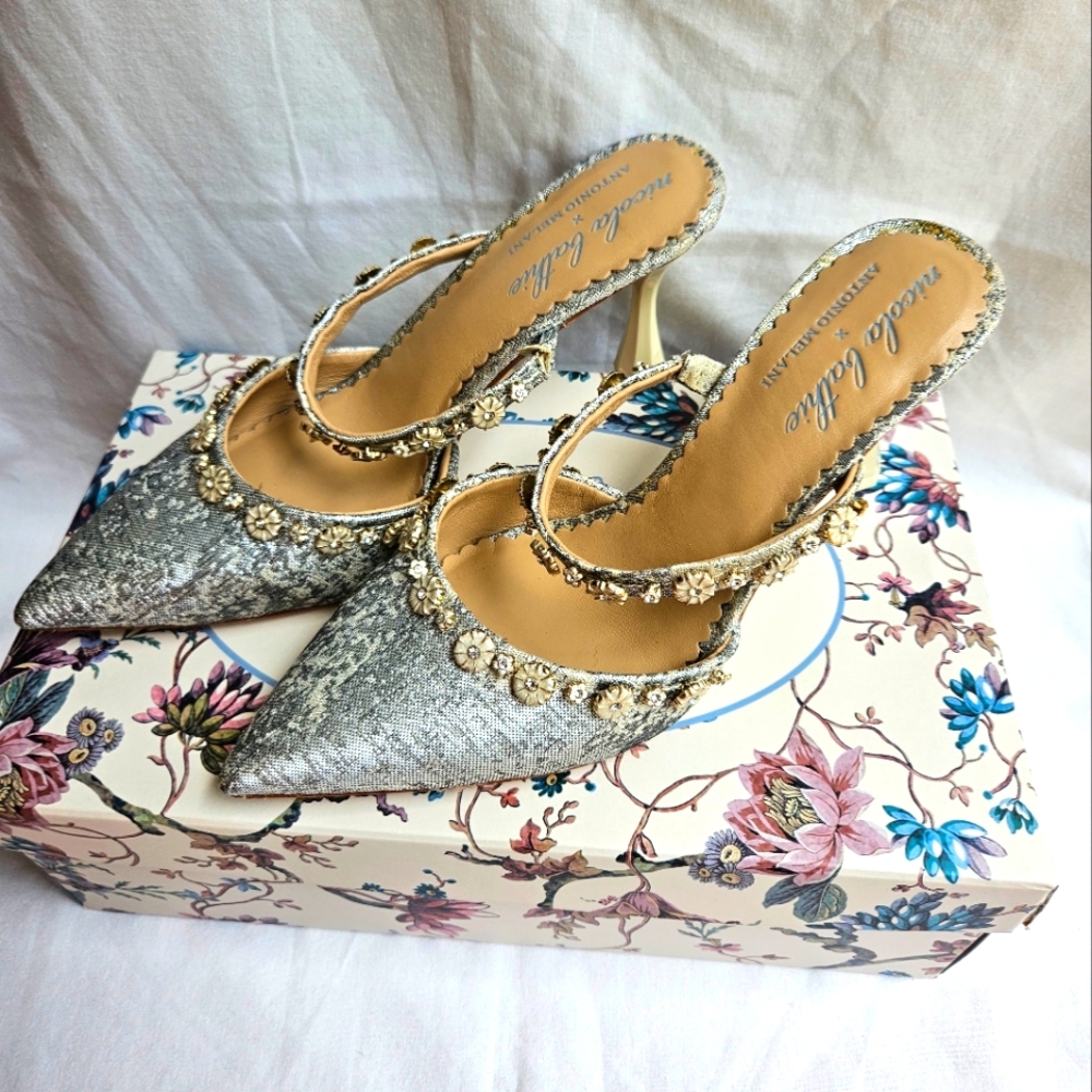 Antonio Melani Nicola Bathie Caroline Ornamented Metallic silver Brocade Mule 6M